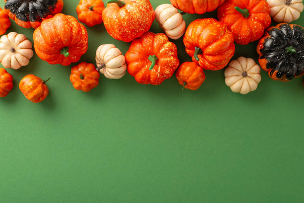 istock Dive into Halloween allure with this artistic arrangement. Top view showcasing thematical decor, tiny pumpkins on green backdrop, space available for greetings or adverts 1669270809