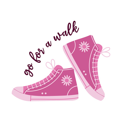 Pink textile sneakers shoes with flower. Girl fashion design with inscription Go For A Walk. Cartoon flat vector illustration
