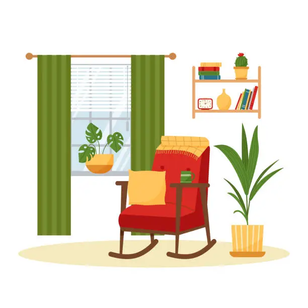 Vector illustration of Vintage living room interior with chair and window. Retro furniture set in 60s style. Flat vector illustration