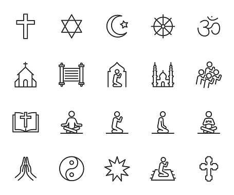 Vector set of religion line icons. Contains icons christianity, islam, buddhism, judaism, hinduism, pray, bible and more. Pixel perfect.