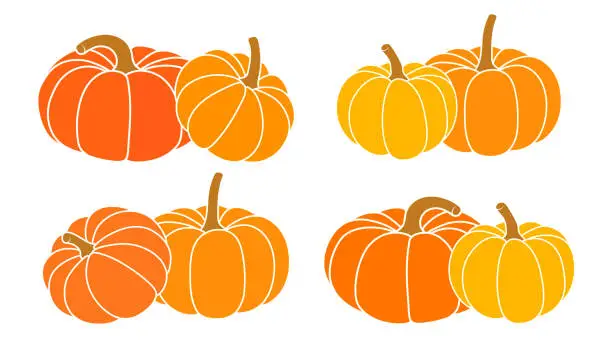 Vector illustration of Colorful autumn pumpkins. Collection of orange pumpkins for Halloween and Thanksgiving design.