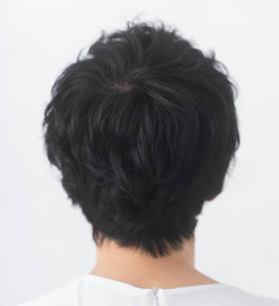 Back view of curly black berry short hair