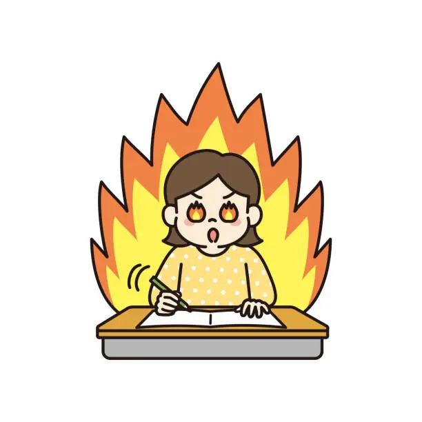 Vector illustration of Illustration of motivated girl studying at her desk on fire