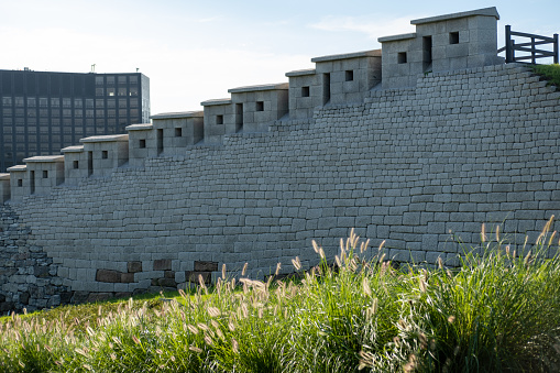 Walkway next to Hanyangdoseong Wall or Seoul City Wall in Namsan park, with Silver grass on the foreground. South Korea