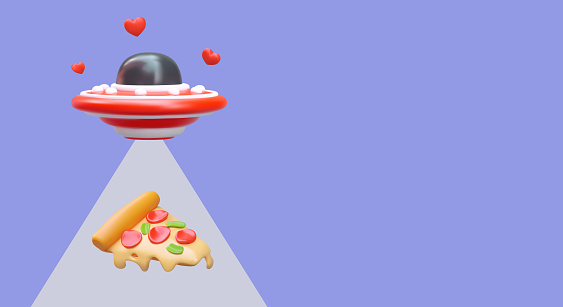 3D UFO steals piece of pizza. Flying saucer uses beam of light to deliver delicious food. Creative pizzeria advertising. Alien fans. Pizza abduction. Color poster, place for text, logo