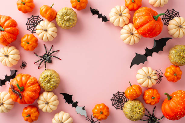 istock Sleek Halloween decor display. Top view capturing thematic items: small orange and golden pumpkins, bugs, ghastly spiders, spiderweb, bats on pastel pink base. Empty space for greetings or promos 1669373758