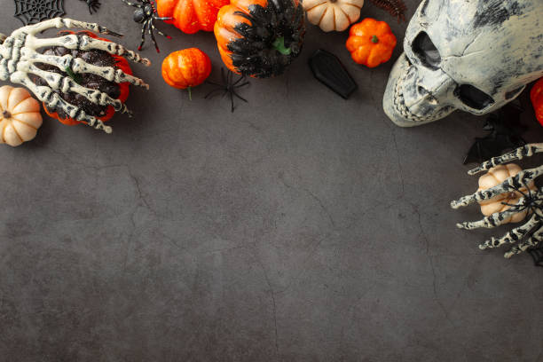 istock Elevate your Halloween greetings with this top-down view setup: thematic decor, pumpkins, eerie spiders, spiderweb, bat, skeleton hands, skull, small coffin on textured concrete, room for text or ads 1669373761