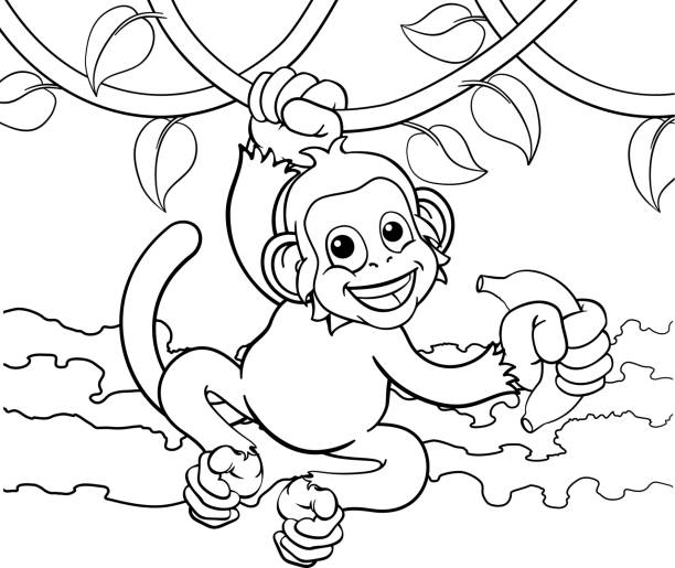 Monkey Singing On Jungle Vines With Banana Cartoon A monkey cartoon character singing on jungle vines with banana clip art of a monkey holding banana stock illustrations