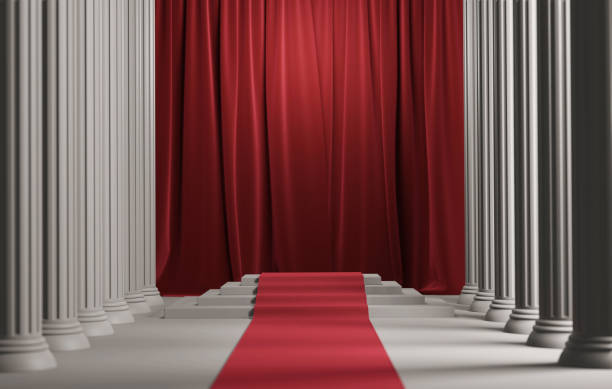 Ancient Greek Pillar Podiums with Red Curtain and Red Carpet