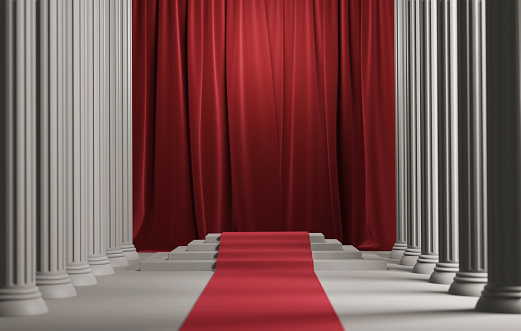 Step into world timeless elegance with classic white background pillar podiums, draped in red curtain, and adorned with red carpet. Perfect for showcasing cosmetic products. 3D render illustration.
