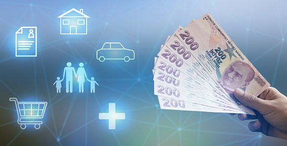 Insurance concept. Home insurance, life insurance, car insurance, medical insurance icons and a hand holding Turkish money. Turkish paper currency