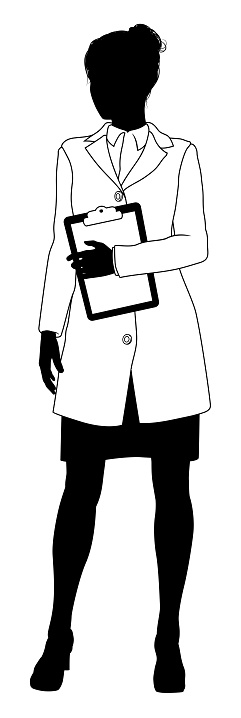 Silhouette person female scientist, engineer or professor woman in lab coat. Holding clipboard checklist, maybe doing experiment or surveying. Alternatively chemist, science teacher or pharmacist.