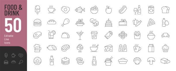 ilustraciones, imágenes clip art, dibujos animados e iconos de stock de conjunto de iconos editables de la línea de alimentos y bebidas. - shrimp cocktail