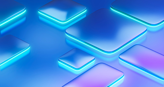 3d Geometric with neon light background, blue glow, metallic material