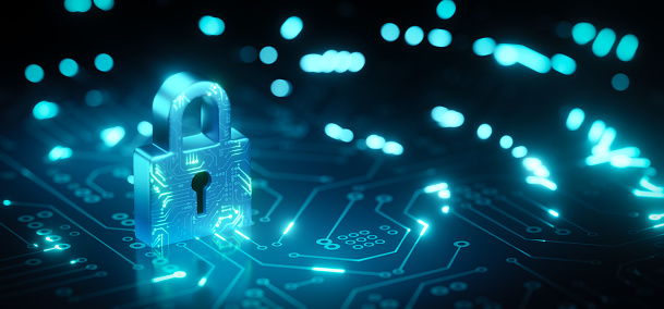 Animation of online security padlock, data processing over computer circuit board. global online security, data processing, digital interface and connections