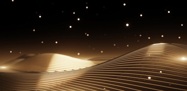 3d Wave stripe gold with particles background, glowing particles and dust, depth of filed camera