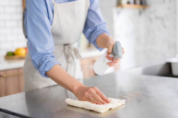 una mujer está limpiando el mostrador de la cocina. - cleaning domestic kitchen counter top housework fotografías e imágenes de stock