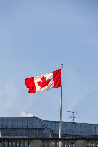 istock Canadian flag on a pole, flying in the wind. 1669476899
