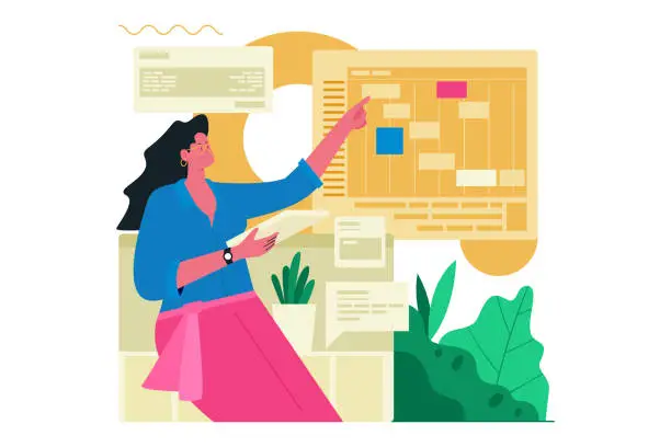 Vector illustration of Women and Task Management on Kanban Boards Illustration