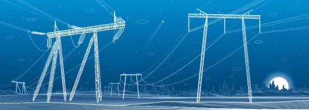 Vector illustration of High voltage transmission systems. Electric pole. Power lines. A network of interconnected electrical. Energy pylons. City electricity infrastructure. White otlines on blue background. Vector design