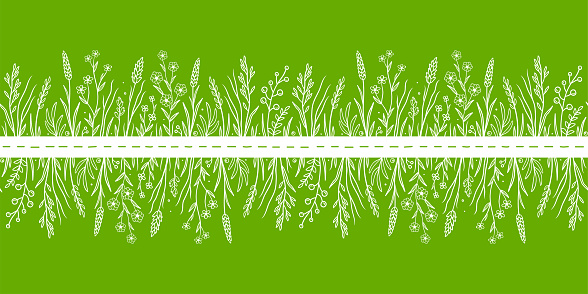 art green botanic hand drawn seamless pattern with wild herbs leaves and flowers, plants, grass, herbs