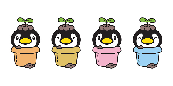 penguin vector plant pot flower leaf bird icon cartoon character logo doodle illustration symbol design isolated