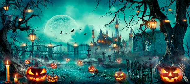 Party Of Pumpkins And Zombies In Graveyard At Moonlight stock photo