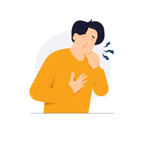 Vector illustration of Sore throat, sick, asthma, cold, fever, allergies, respiratory diseases symptoms. Man coughing holds chest, hand covers mouth concept illustration