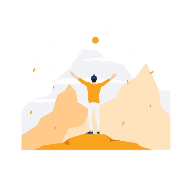 Vector illustration of Success leadership, personal growth, business goal, victory. Positive man celebrating on mountain top arms raised up concept illustration