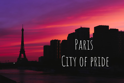 Silhouette of the eiffel tower and the town with the writing Paris city of pride.