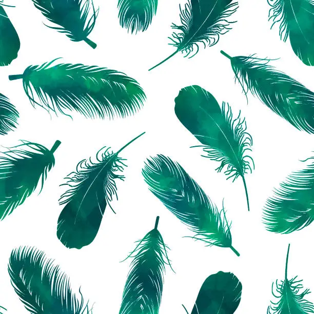 Vector illustration of Watercolor seamless pattern with green feathers. Design Element for Greeting Cards and Wedding, Birthday and other Holiday and Summer Invitation Cards Background.