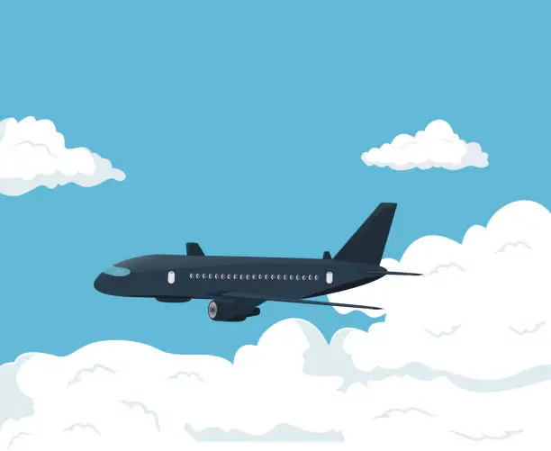 Vector illustration of Black Color Passenger Airplane Flying In Sky Vector Illustration Design. Travel and tourism illustration design. Airport buildings and airplanes on the runway.