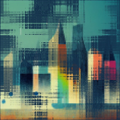 Abstract cityscape halftone dots background. Pop art template, texture. Vector illustration