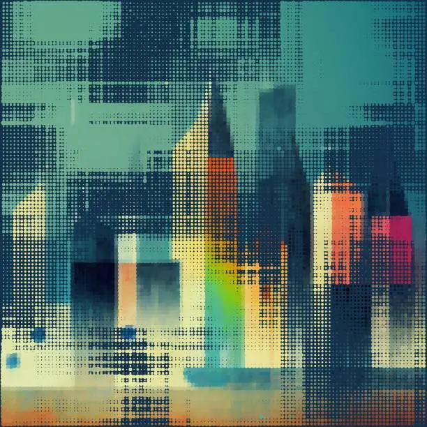 Vector illustration of Abstract cityscape halftone dots background. Vector illustration