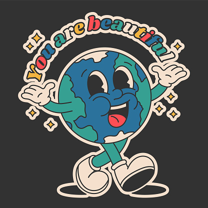 Cartoon groovy stickers 70s . Cute retro planet characters. With text 