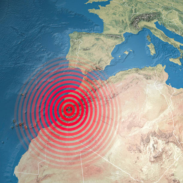 carte des tremblements de terre au maroc, montagnes de l’atlas, secouement, les éléments de cette image sont fournis par la nasa. terrain frappé par un fort séisme de magnitude - quake damaged section photos et images de collection