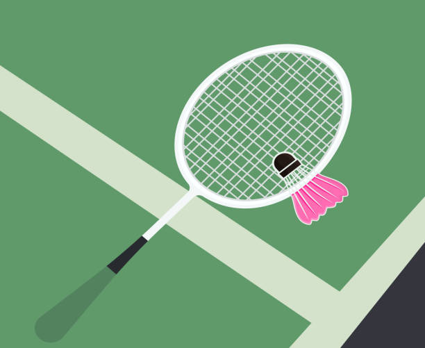 illustrations, cliparts, dessins animés et icônes de conception de badge de tournoi de badminton avec raquette et volants. concept de club sportif. - tennis ball court tennis tennis racket