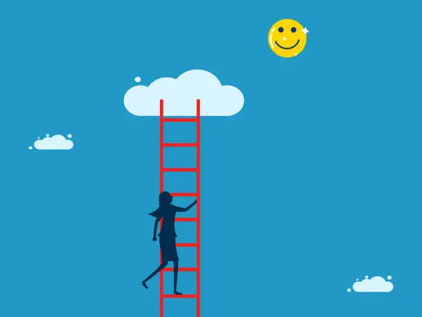 Vector illustration of Discover new business opportunities. Businesswoman climbing a ladder to grab the optimistic icon