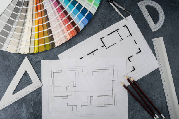 istock Interior design concept. Color scheme palette guide catalog with colour swatches, blueprints and accessories for architect. 1669815110