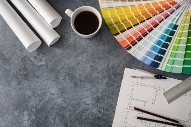 istock Interior design concept. Color scheme palette guide catalog with colour swatches, blueprints and accessories for architect. Composition with copy space. 1669815125