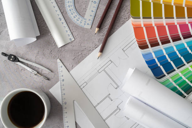 istock Interior design concept. Color scheme palette guide catalog with colour swatches, blueprints and accessories for architect. 1669815127