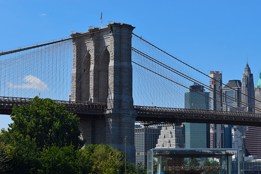 United States of America, New York City (NYC) - View of the Brooklyn Bridge from the Brooklyn Bridge Park.