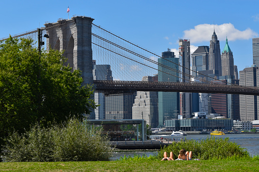 United States of America, New York City (NYC) - View of the Manhattan Bridge from the Brooklyn Bridge Park.