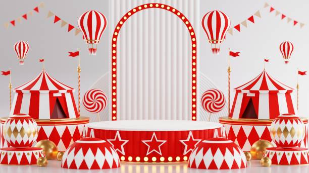 istock 3D rendering for amusement park, circus, carnival fair theme podium with many rides and shops circus tent 3d illustration 1669844580