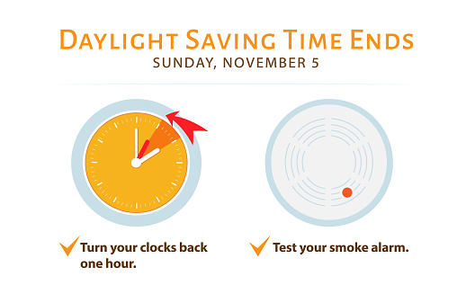 Daylight saving time ends 5 november 2023 banner. Fall back time. Banner reminder with info about changing time and batteries in smoke alarm. Clock back one hour. USA and Canada