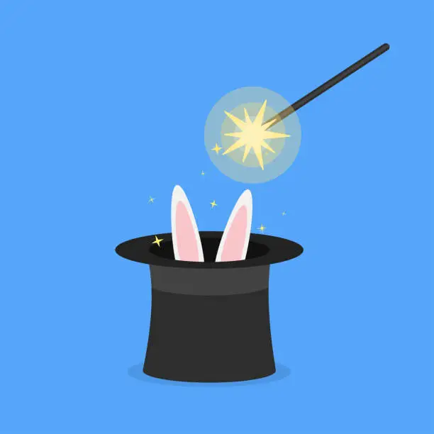 Vector illustration of Magic trick with hat and rabbit. Magic wand and bunny ears flat illustration