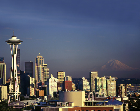 Aerial view of Seattle at sunset including the famous Space Needle.