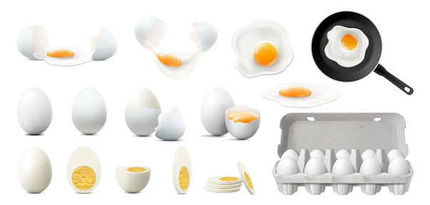 Set of whole, half, sliced and broken eggs. Raw, fried and boiled eggs, isolated on white background. Crack eggs with yolks. Cardboard tray with eggs. Fried eggs on frying pan. Realistic 3d vector.