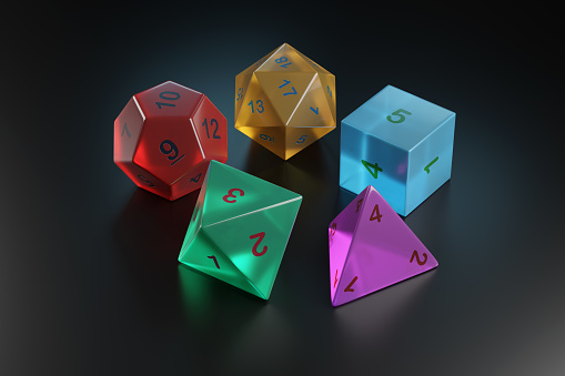 Roleplaying dice in the shape of platonic solids. 3d illustration.