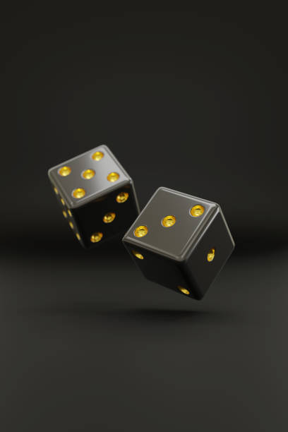 istock Two black dice with gold dots floating on a black background. 3d illustration. 1669882531